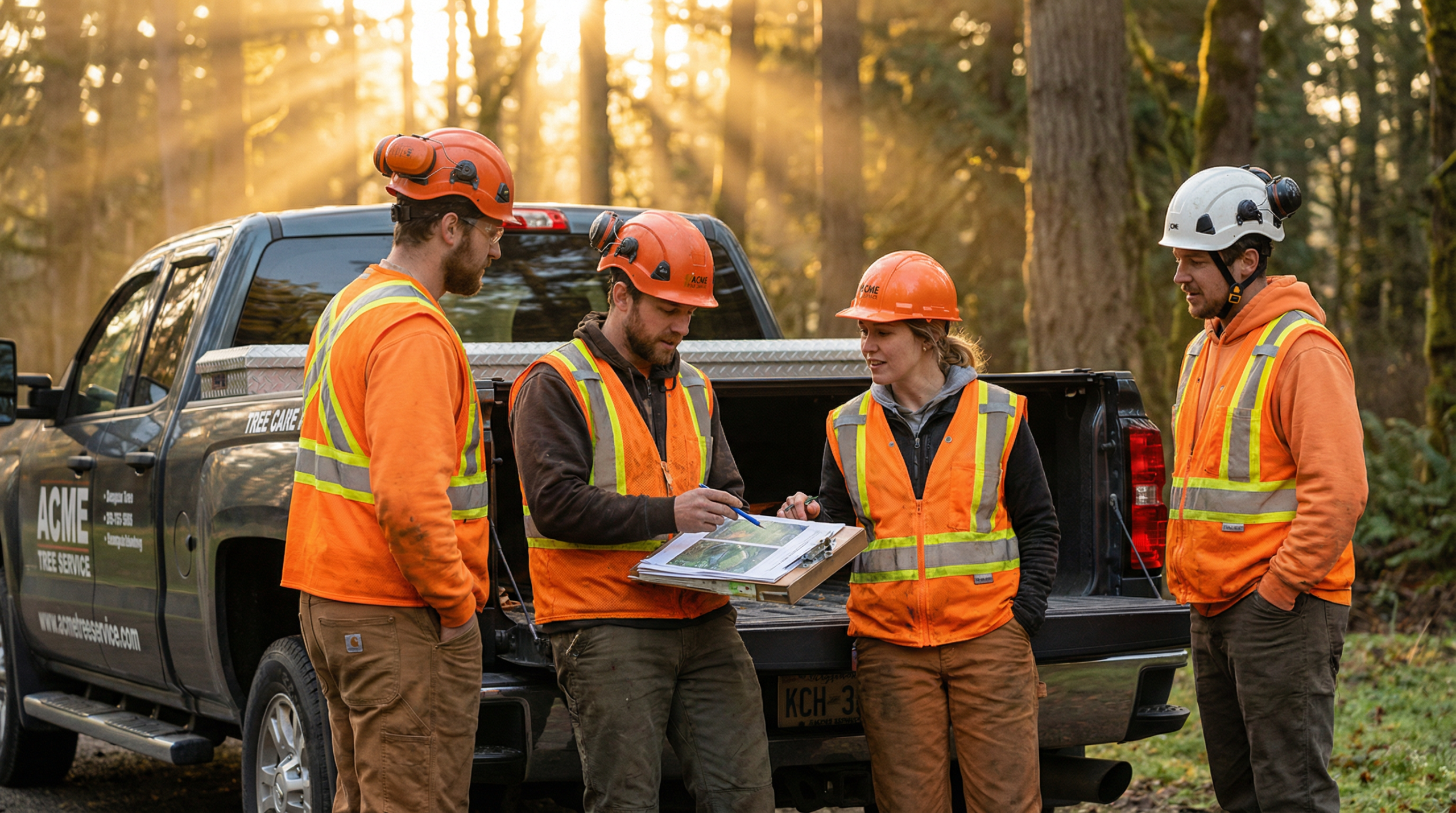 Tree service crew reviewing documents on a job site