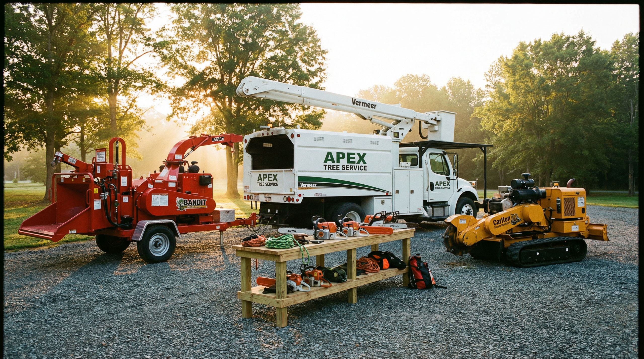 Professional tree service equipment fleet including chipper, bucket truck and stump grinder
