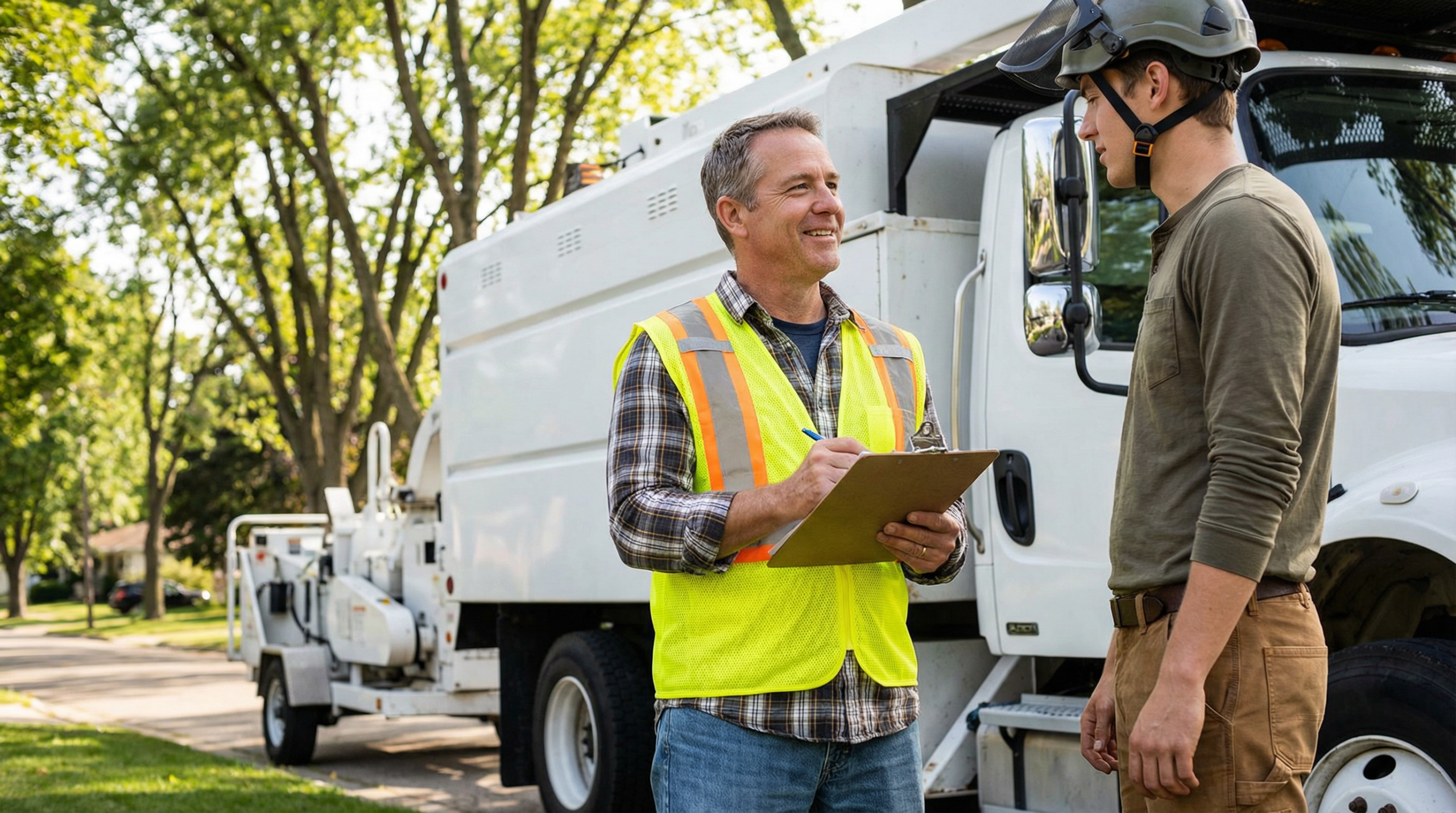 Tree service business owner interviewing arborist candidate next to work truck
