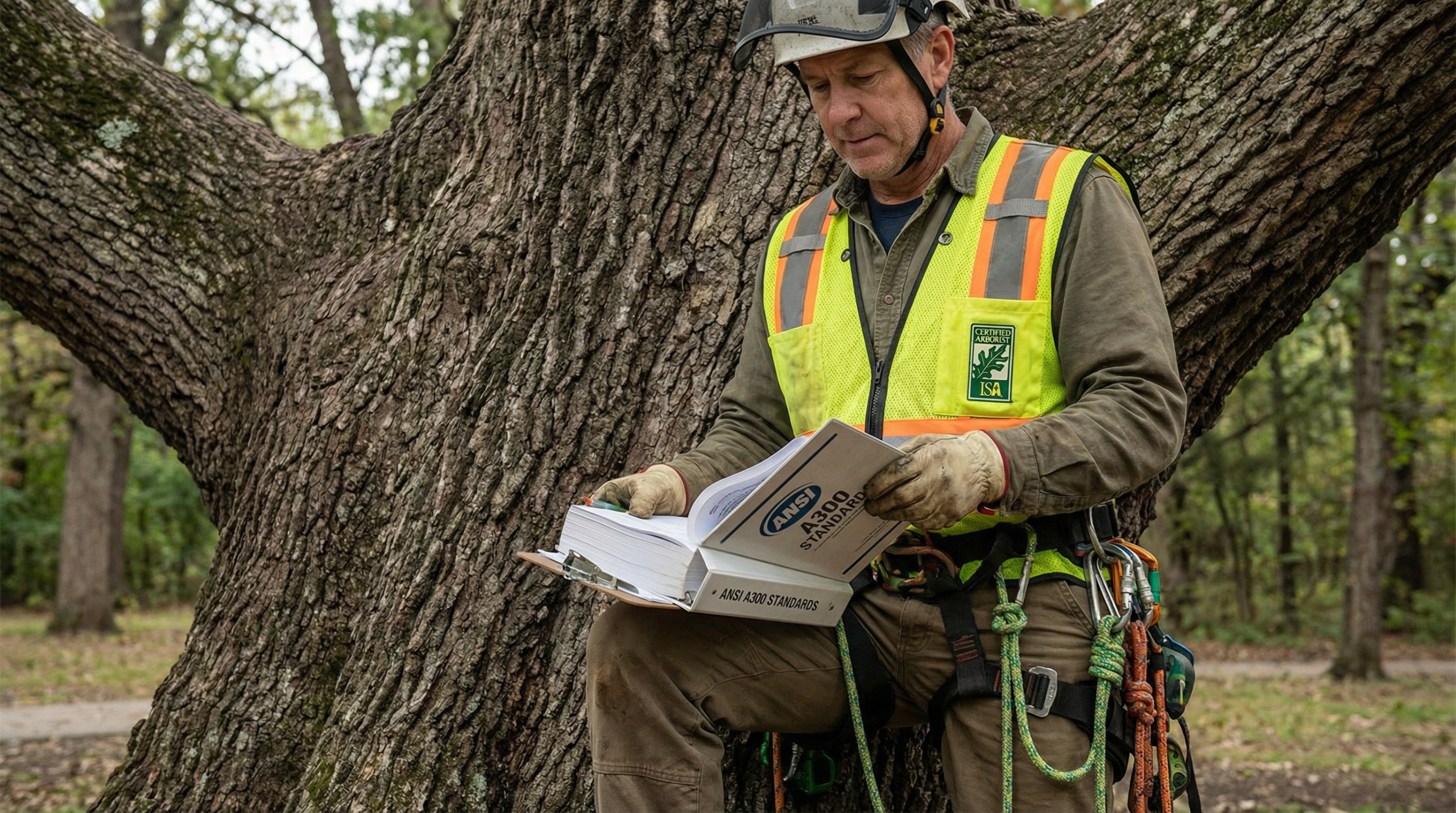 ISA certified arborist reading ANSI A300 standards document leaning against large tree