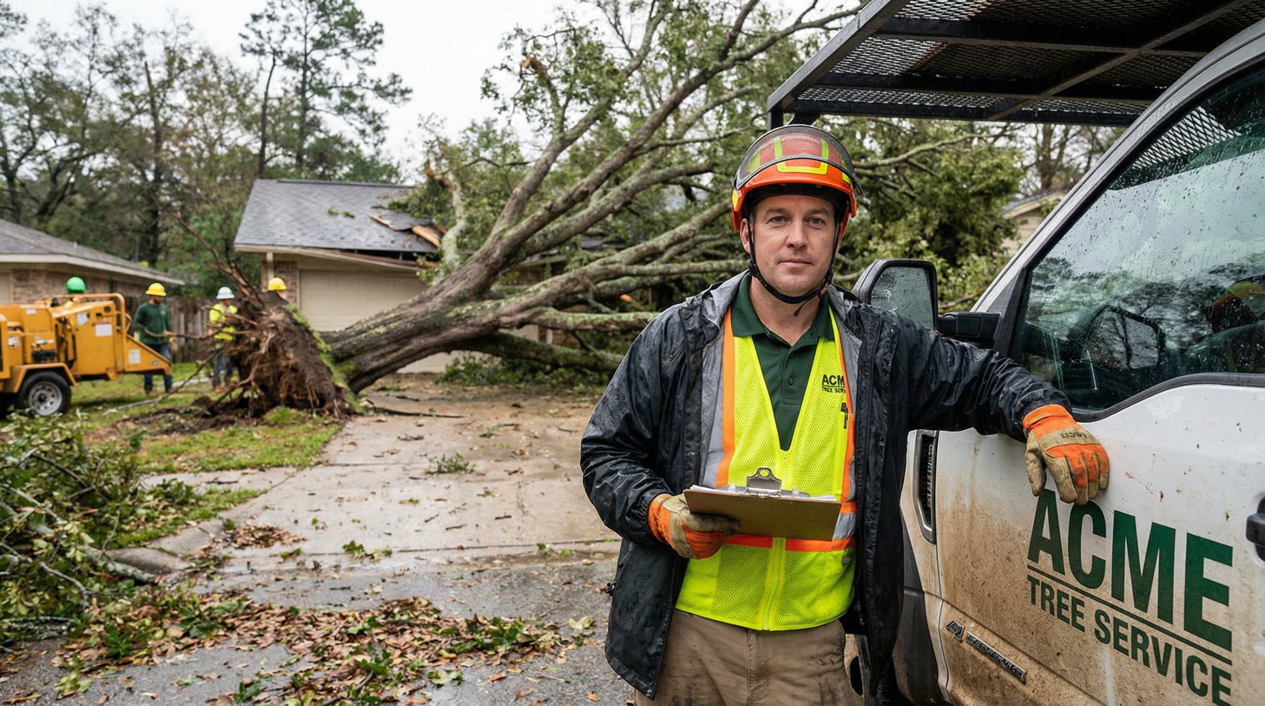 Tree service professional reviewing insurance documents at storm damage site